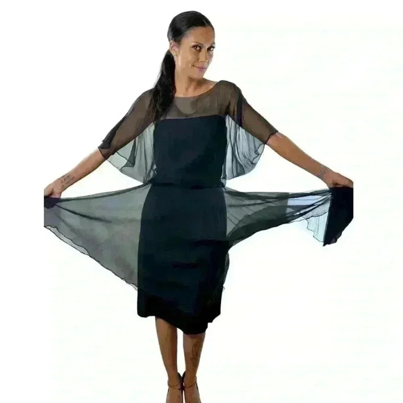 Georgia Bullock Vintage 1960’s Sheer Silk Overlay Black Midi Dress Sz Small. - Picture 2 of 13